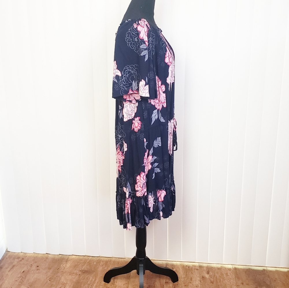 BLUE ISLAND Ruched Floral Blue Pink Short Sleeve Dress Size Large - Picture 2 of 4